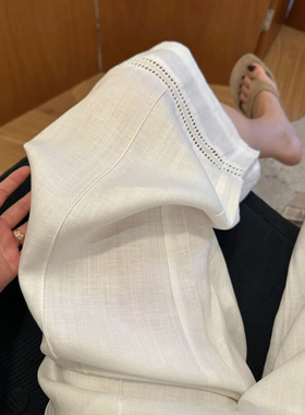 白色镂空阔腿天丝亚麻裤大码女装小个子夏季薄款垂坠感老钱风裤子