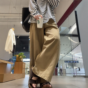 大码 女款 休闲长裤 子梨型身材粗腿宽胯工装 复古卡其色阔腿裤 裤 春装