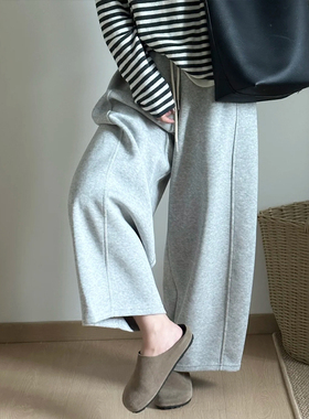 加绒灰色阔腿弯刀运动卫裤子女秋冬小个子大码休闲九分流行梧桐裤