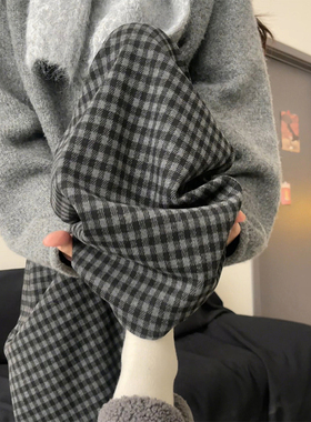复古黑灰色格子裤秋冬新款女大码胖mm裤子宽松bf慵懒风阔腿休闲裤