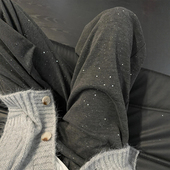 女胖mm显瘦宽松慵懒风休闲裤 春夏深灰色亮片针织阔腿糯米裤 子大码