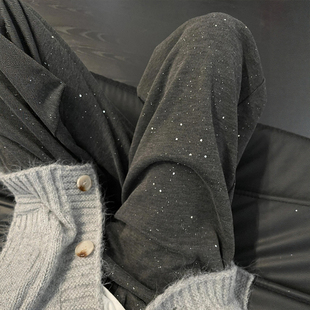 女胖mm显瘦宽松慵懒风休闲裤 秋冬深灰色亮片针织阔腿糯米裤 子大码