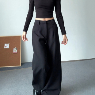 春宽松显瘦垂感高级感直筒休闲长裤 黑色阔腿西装 女装 子胖mm大码 裤