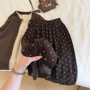 今年流行梧桐裤 小个子加绒阔腿裤 大码 美拉德棕色波点灯芯绒休闲裤