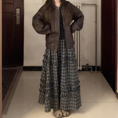 花边拼接复古黑白格半身长裙秋春通勤穿搭大码 胖mm蛋糕a字大摆裙