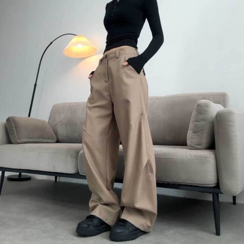 老钱风工装弯刀西装裤子女款胖mm大码韩系慵懒风卡其色休闲阔腿裤,女装/女士精品,休闲裤,淘宝优惠券,粉丝福利购,淘宝优惠卷