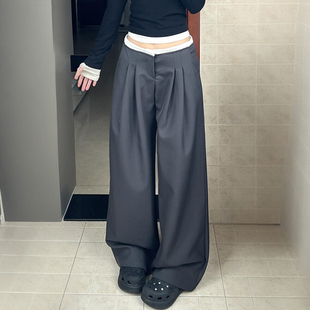 春季新款女装大码灰色阔腿西装裤胖mm垂坠感老钱风休闲裤子女款夏