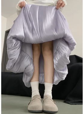 紫色缎面花苞裙夏季女大码月光裙a字半身长裙梨型身材伯克利半裙