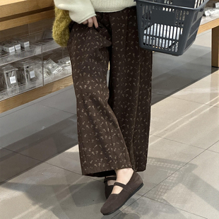 胖mm灯芯绒秋冬今年流行梧桐裤 加绒美拉德小个子碎花棕色裤 子大码