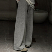 灰色闪钻加绒毛呢阔腿裤 子今年流行梧桐裤 大码 女深冬独特超好看裤