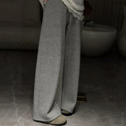 灰色闪钻加绒毛呢阔腿裤大码女深冬独特超好看裤子今年流行梧桐裤