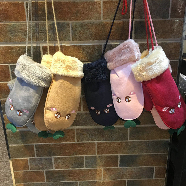 手套女冬保暖加绒可爱卡通萌大眼睛挂脖连指日系骑行学生骑车韩版