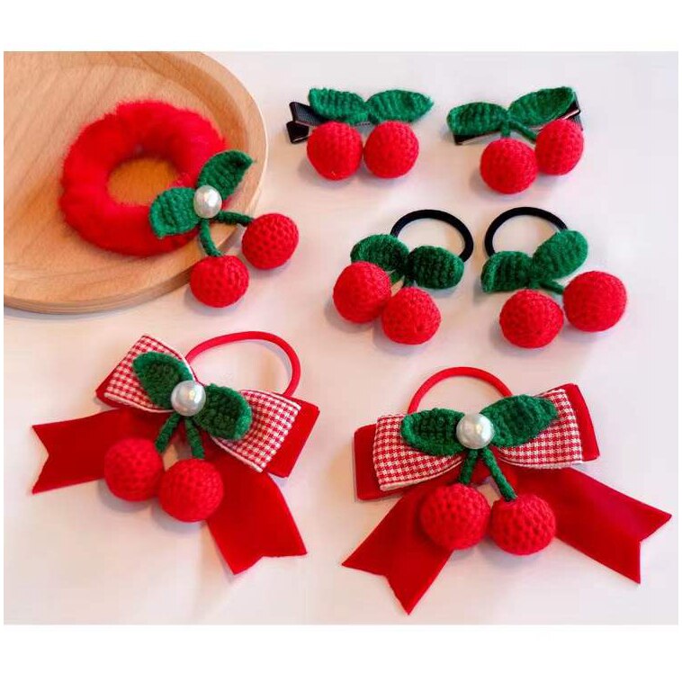 韩版儿童樱桃针织发圈发夹可爱蝴蝶结毛绒大肠圈红色手工钩针发饰