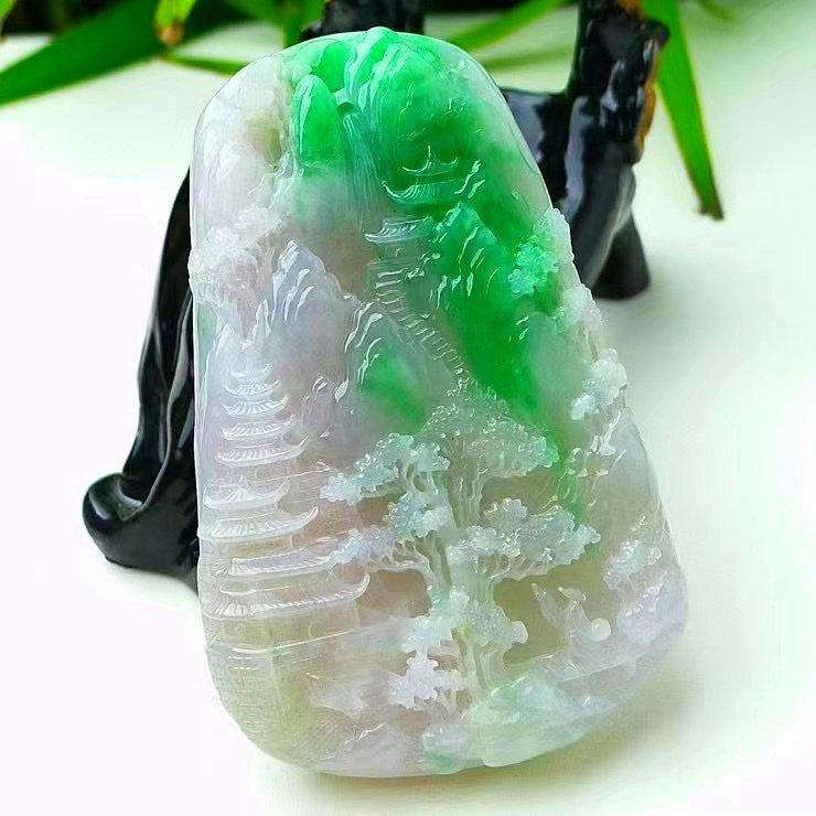 天然a货缅甸翡翠 满绿 山水画 山水有相逢 高山流水遇知音