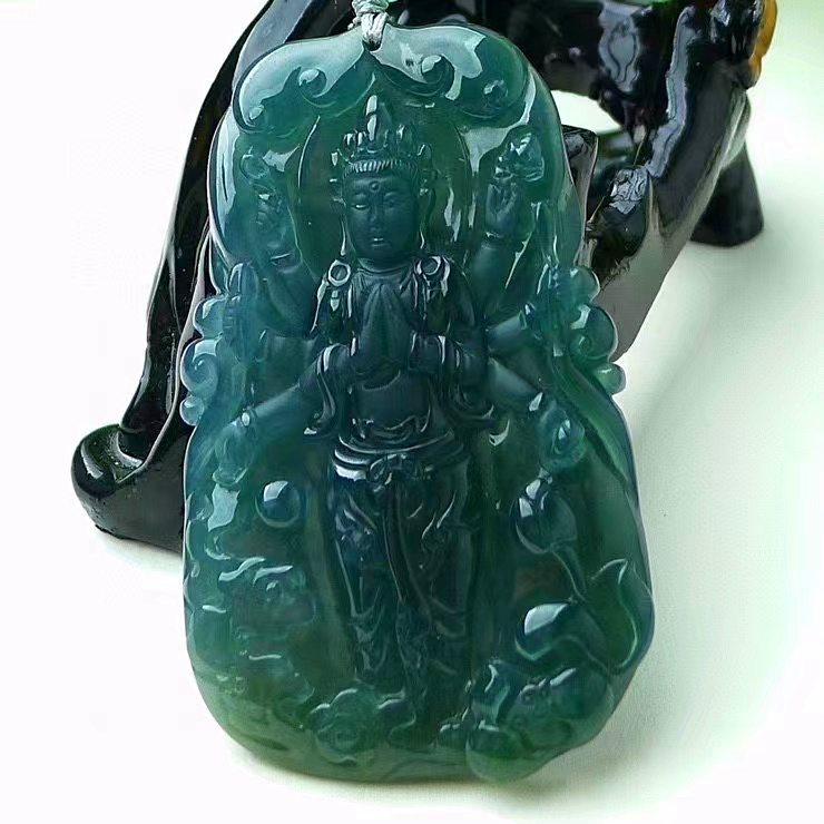 天然A货缅甸翡翠 精美水润 蓝水千手观音菩萨 普度众生 玉质细腻