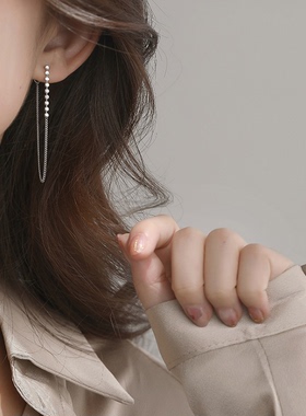 女神夜店biling同款耳环小圆片后挂式水钻纯银流苏耳链耳坠耳线女