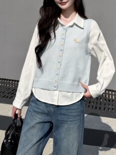 显瘦套装 新款 S223 两件套女2026春秋季 韩系针织马甲背心叠穿衬衫