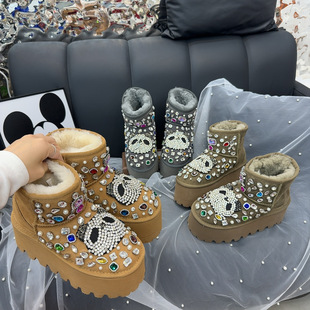 欧货重工水钻羊毛厚底松糕雪地棉靴女2026冬皮毛一体保暖增高短靴