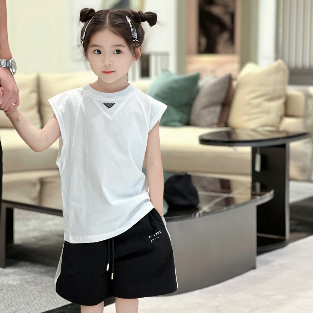 经典三角标男女儿童背心套装夏炸街无袖T恤中大童韩版休闲五分裤