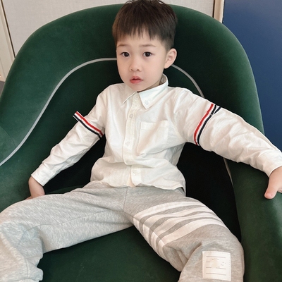 宝宝纯棉白色四季翻领四条杠衬衣