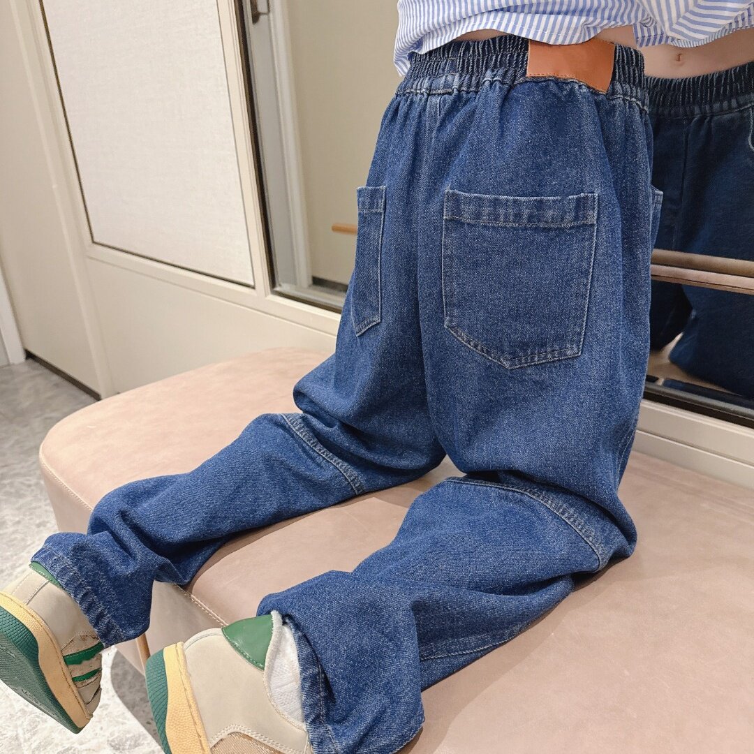 真皮皮标拼接牛仔裤宽松百搭潮款单宁长裤男女童舒适秋冬打底裤子