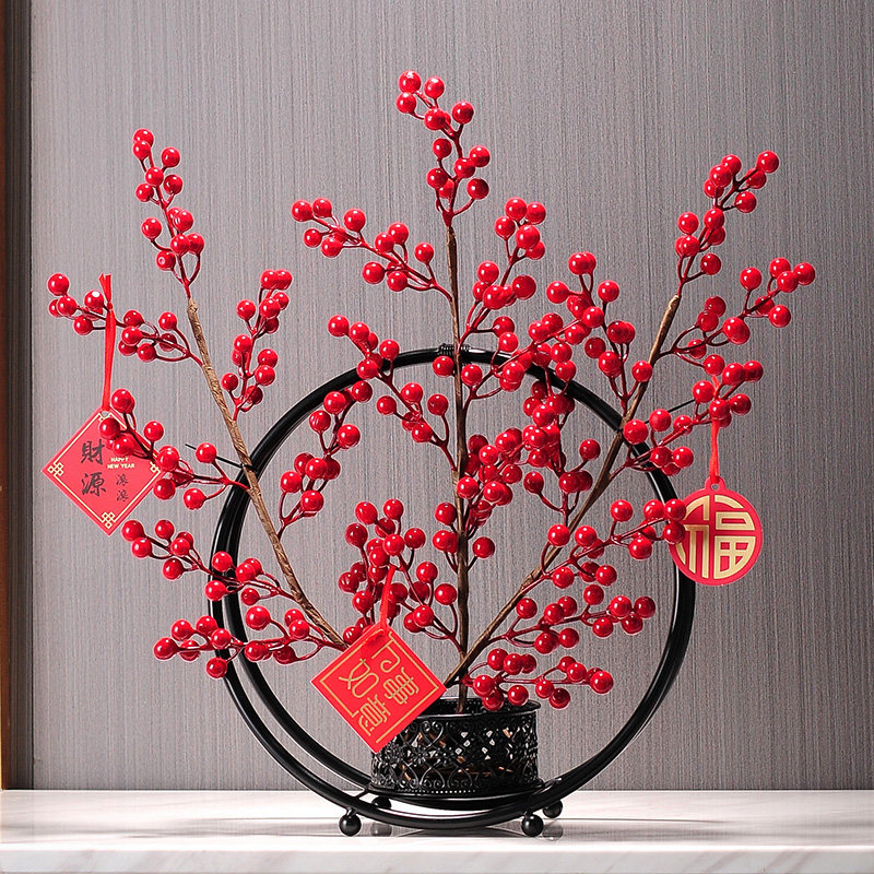 新中式红果发财果仿真花乔迁婚庆开业礼品吉祥电视柜餐桌创意摆件