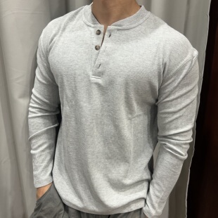 美式华夫格亨利领长袖男纯色重磅运动修身休闲GaoJi感针织卫衣