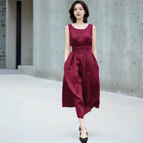 高级感纯亚麻法式红色背心连衣裙