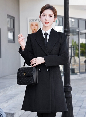 新款黑色职业装双排扣毛呢外套中长款4S酒店前台呢子大衣工作服冬
