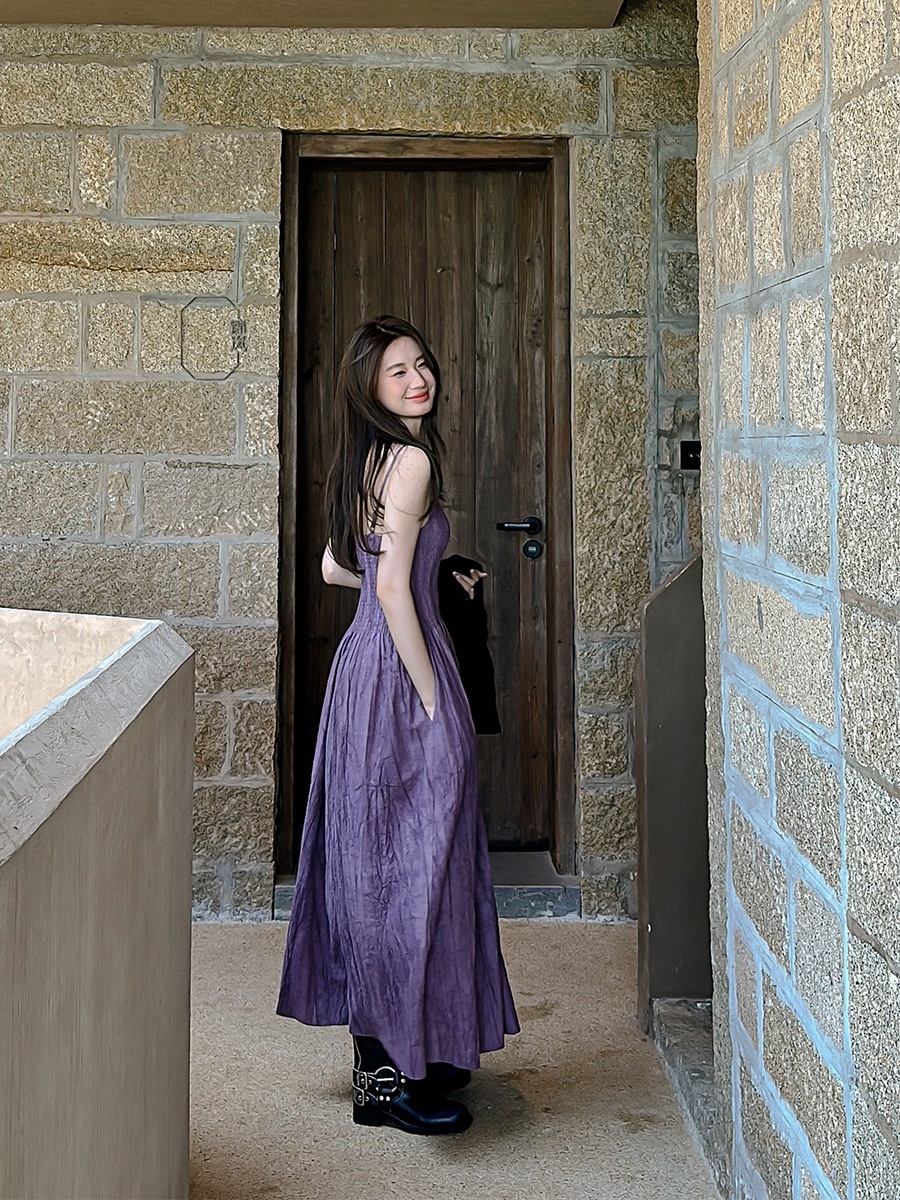 Zoe Jean早秋新款法式精致气质名媛高端高级感吊带高个子连衣裙紫