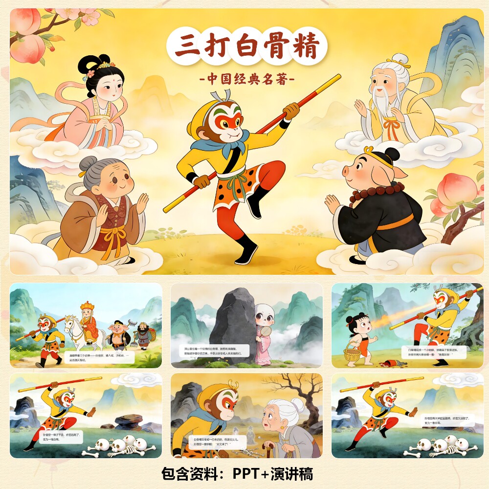名著故事《三打白骨精》PPT12页+背景乐+讲稿521字/791字  C00961