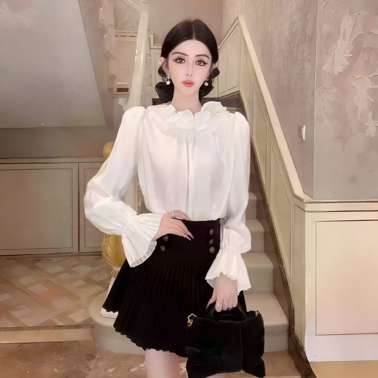 高级感双层衬衫女新款喇叭袖上衣图片