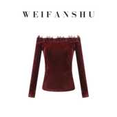 凡舒轻奢 绚丽篇章2026年秋冬新款 一字肩蕾丝拼接丝绒上衣百搭