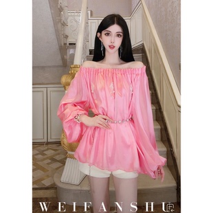 凡舒轻奢 粉黛倾语2026年春夏新款一字肩百搭时尚6A真丝上衣百搭