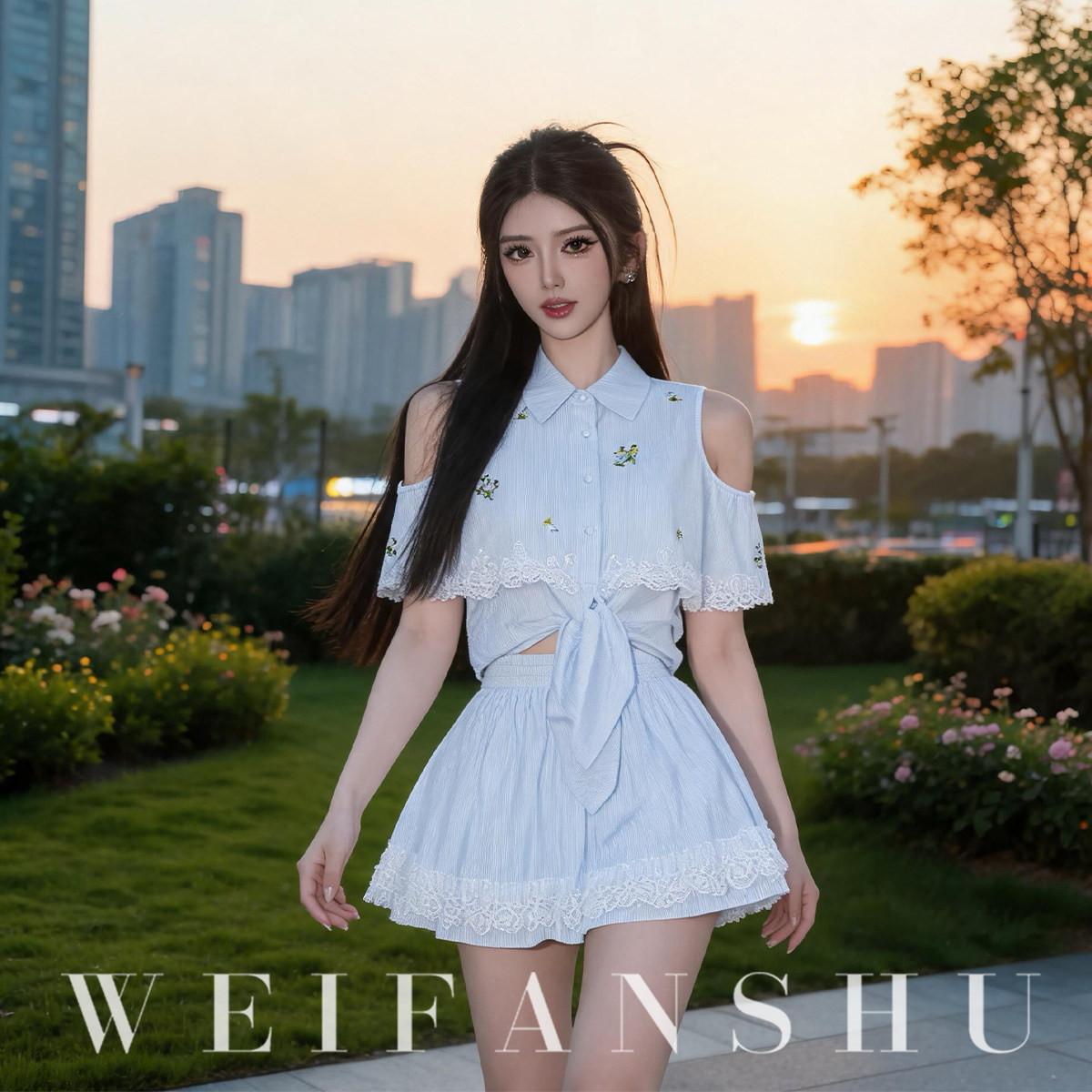 凡舒轻奢 甜栀清风2026年夏季新款条纹露肩衬衫&蕾丝花边半裙套装