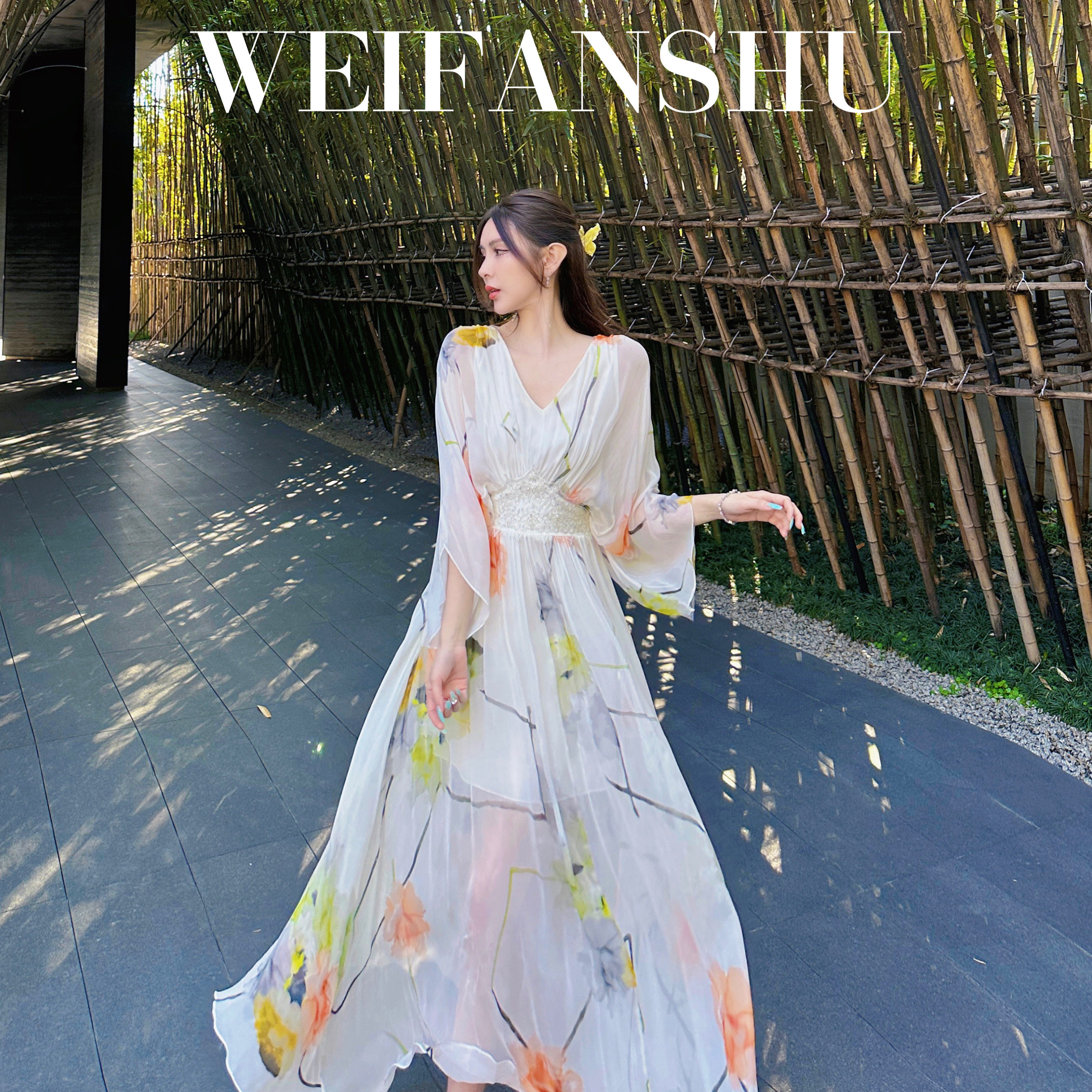 凡舒轻奢 露花倒影2023年春夏新款v领印花连衣裙仙气七分袖长裙