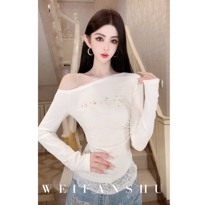 凡舒轻奢 栗子奶油2026年春夏新款设计感斜肩字母T恤上衣百搭