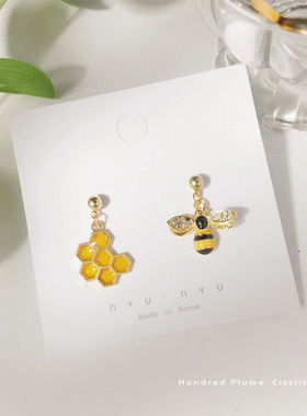 Honey张艺兴同款国际蜂超萌小蜜蜂与蜂巢水钻女S925银耳钉耳环