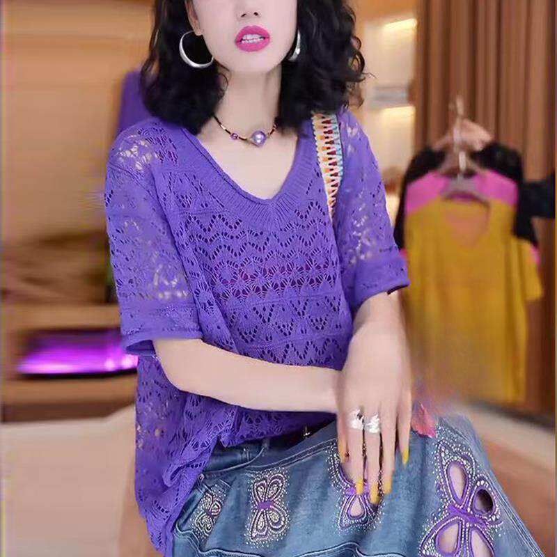 夏季防晒衫镂空薄V领套头针织衫女长袖罩衫休闲宽松显瘦上衣大码