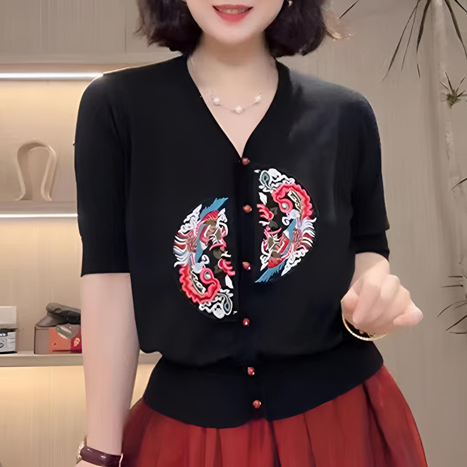 夏季薄款新中式国风刺绣短袖针织衫女开衫T恤宽松显瘦上衣洋气质