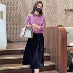 2024春季两件套小香风翻领毛衣女高腰中长款半身裙气质显瘦高级感