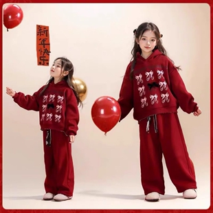女童新年套装2026新款红色蝴蝶结卫衣卫裤运动两件套过年衣服儿童