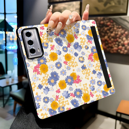 蓝黄小碎花适用华为荣耀MAGIC V6 V3 Vs3手机壳MAGIC V5V2 Vs2新款折叠屏高级感磁吸休眠翻盖皮纹保护套