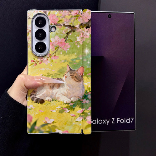 春日樱花睡猫适用三星Galaxy Z Fold5手机壳Z Fold7新款Fold6折叠屏Fold3高级感贝壳纹磁吸防摔保护套