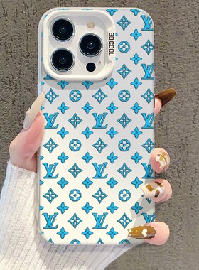潮牌蓝字LV适用苹果17promax手机壳彩绘iPhone16pro磨砂彩银15个性创意14小众高级感13全包防摔硅胶保护套