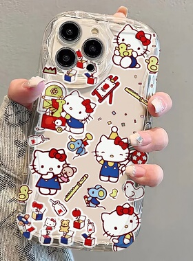 适用苹果17Promax手机壳彩绘 16Pro ins风可爱 HelloKitty 15Pro奶油纹iPhone14透明波浪手机壳12Pro简约可爱
