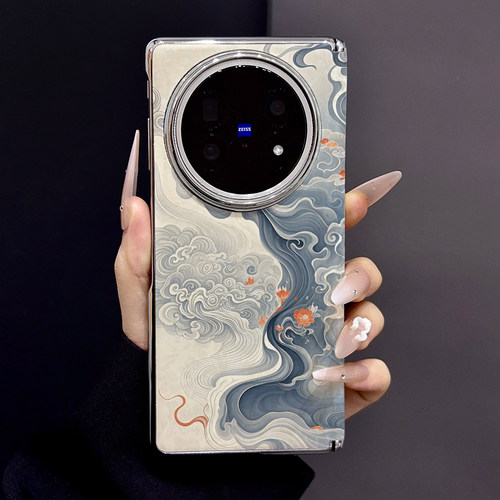 青蓝流云红莲适用vivoxfold5手机壳折叠屏保护套xfold3pro贝壳纹皮质中轴磁吸fold3半包后壳