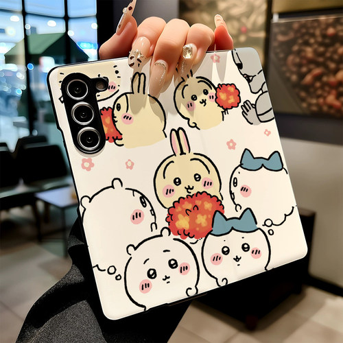 吉伊卡哇插画适用三星Galaxy Z Fold6手机壳W25新款Fold5折叠Fold7防摔保护套高级感磁吸休眠翻盖皮纹