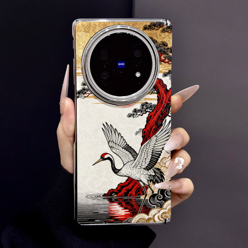松鹤红日鎏金浮世绘适用vivo X Fold6手机壳女款时尚xfold5/d3pro折叠屏中轴磁吸电镀贝壳纹防摔保护套带前框
