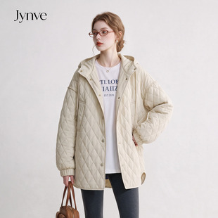 Jynve 米白色菱格棉服女2026冬季韩系简约连帽宽松中长款保暖外套